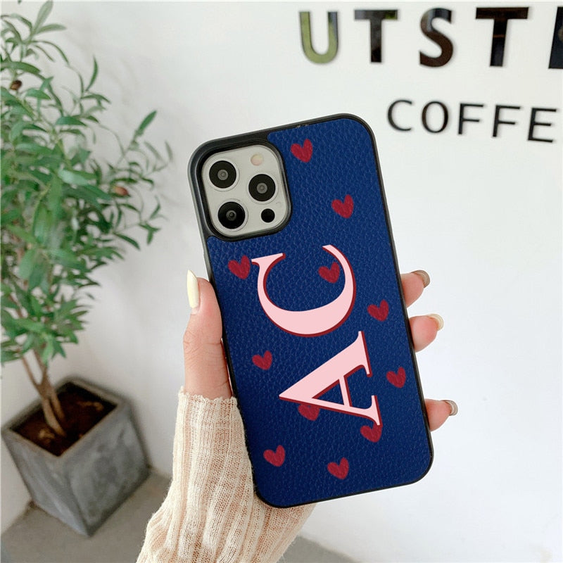 Love Hearts Personalisad Leather Initials PU Leather Iphone case for for iphone 13 Pro Max 12 11 Pro Max X XR 7 8 Plus Cover Hot