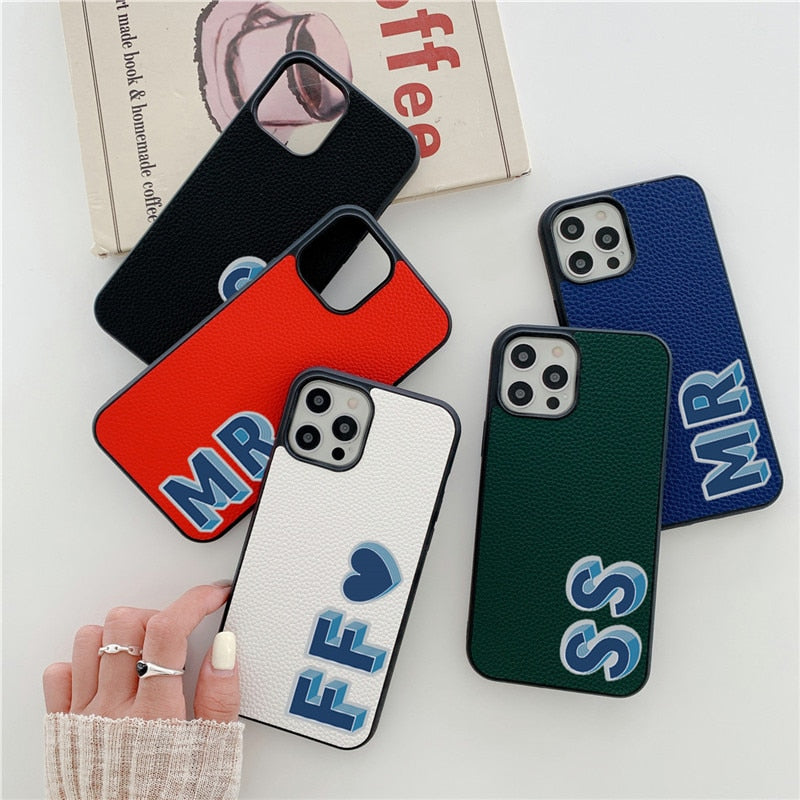 Luxury 3D Initial Letter Personalised PU leather case for iphone 13 12 11 Pro Max 14 pro max XR XS Max case Hard Cover Customize