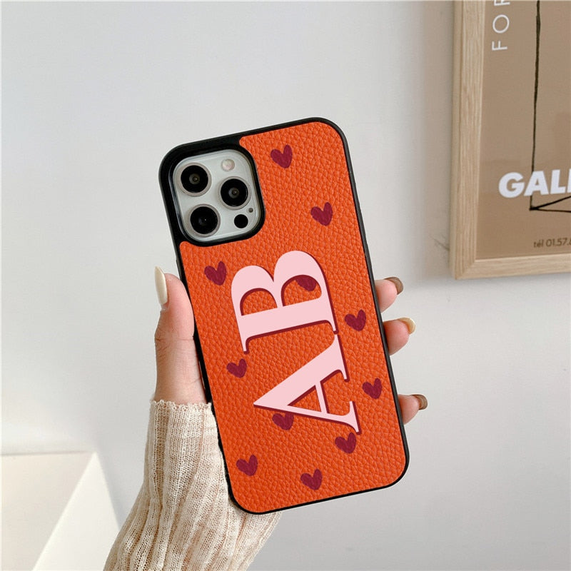 Love Hearts Personalisad Leather Initials PU Leather Iphone case for for iphone 13 Pro Max 12 11 Pro Max X XR 7 8 Plus Cover Hot