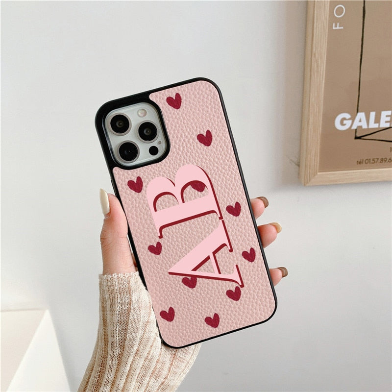 Love Hearts Personalisad Leather Initials PU Leather Iphone case for for iphone 13 Pro Max 12 11 Pro Max X XR 7 8 Plus Cover Hot