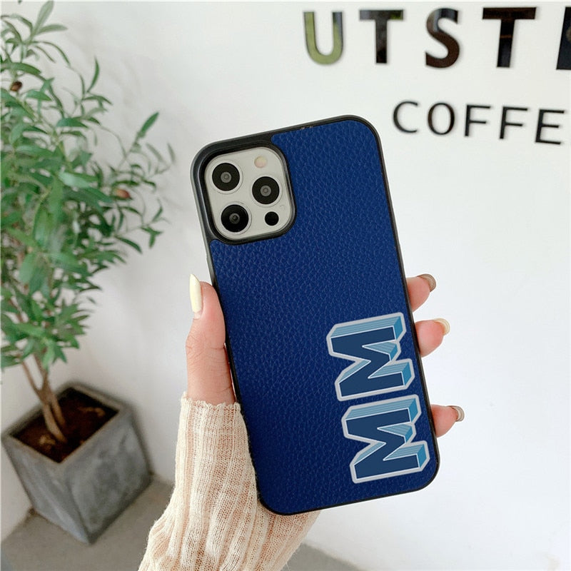 Luxury 3D Initial Letter Personalised PU leather case for iphone 13 12 11 Pro Max 14 pro max XR XS Max case Hard Cover Customize