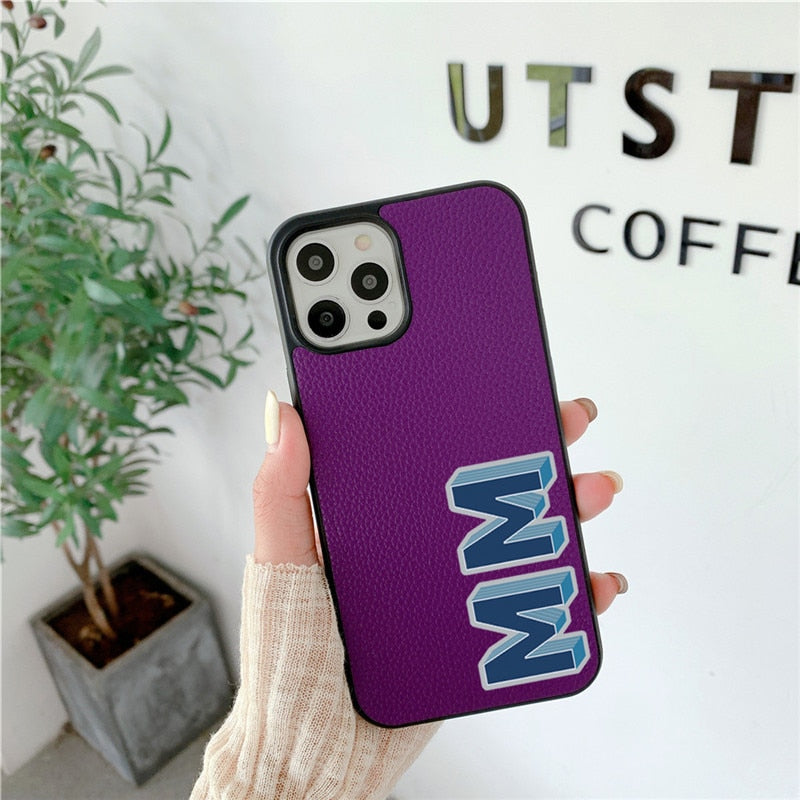 Luxury 3D Initial Letter Personalised PU leather case for iphone 13 12 11 Pro Max 14 pro max XR XS Max case Hard Cover Customize