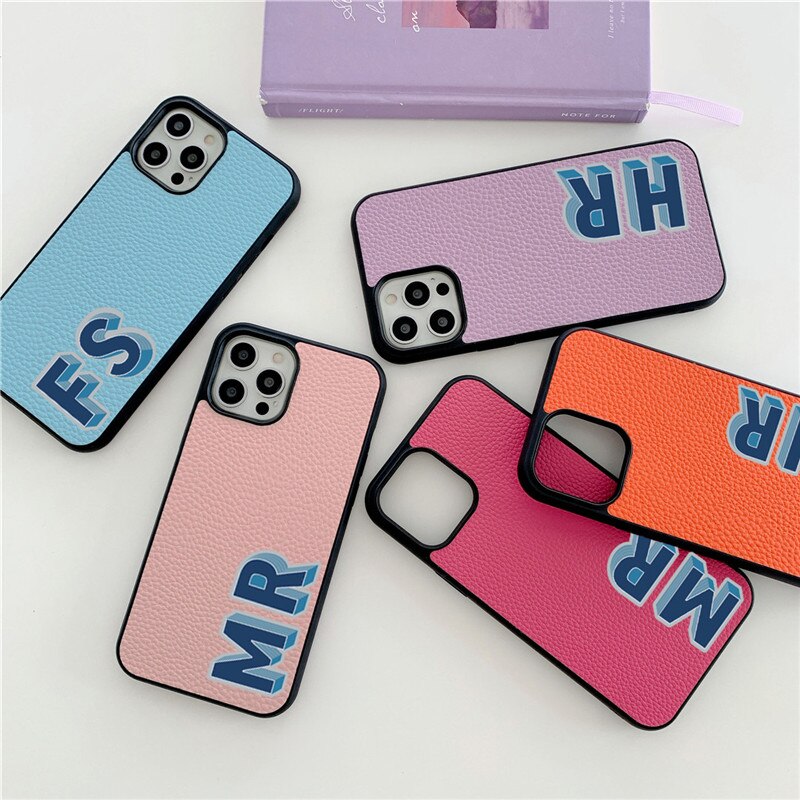 Luxury 3D Initial Letter Personalised PU leather case for iphone 13 12 11 Pro Max 14 pro max XR XS Max case Hard Cover Customize