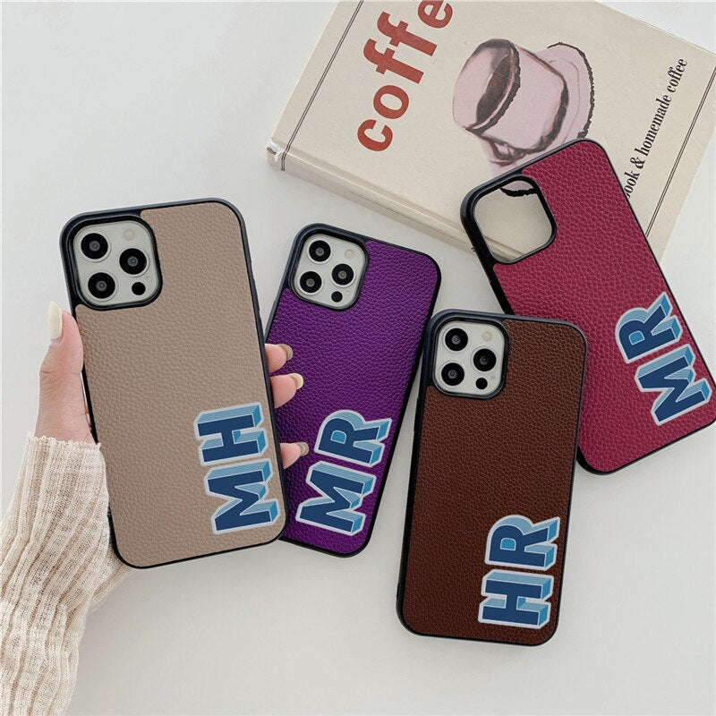 Luxury 3D Initial Letter Personalised PU leather case for iphone 13 12 11 Pro Max 14 pro max XR XS Max case Hard Cover Customize