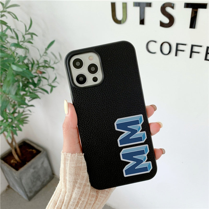 Luxury 3D Initial Letter Personalised PU leather case for iphone 13 12 11 Pro Max 14 pro max XR XS Max case Hard Cover Customize