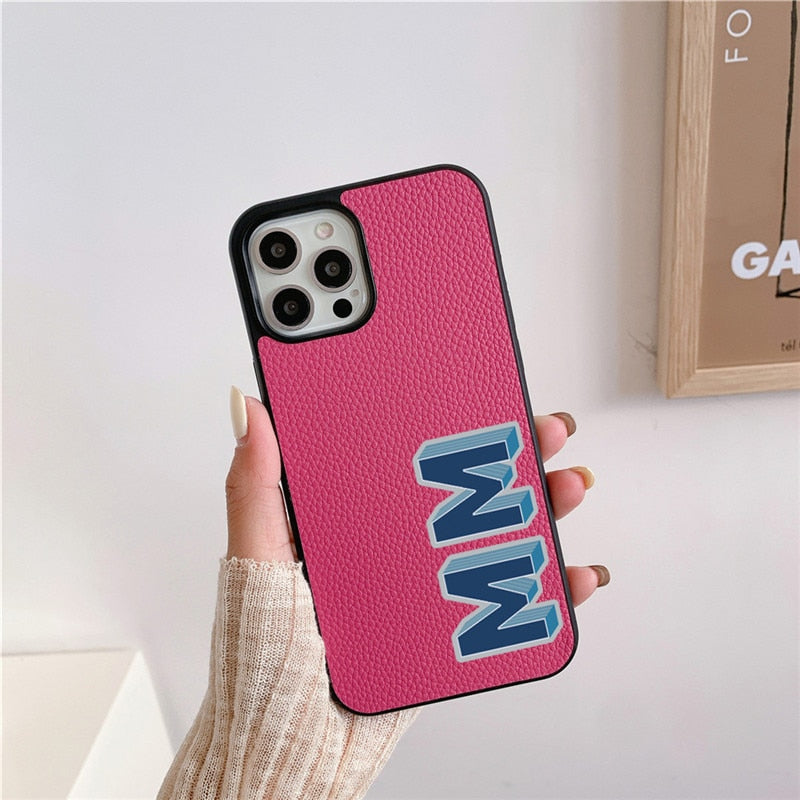 Luxury 3D Initial Letter Personalised PU leather case for iphone 13 12 11 Pro Max 14 pro max XR XS Max case Hard Cover Customize