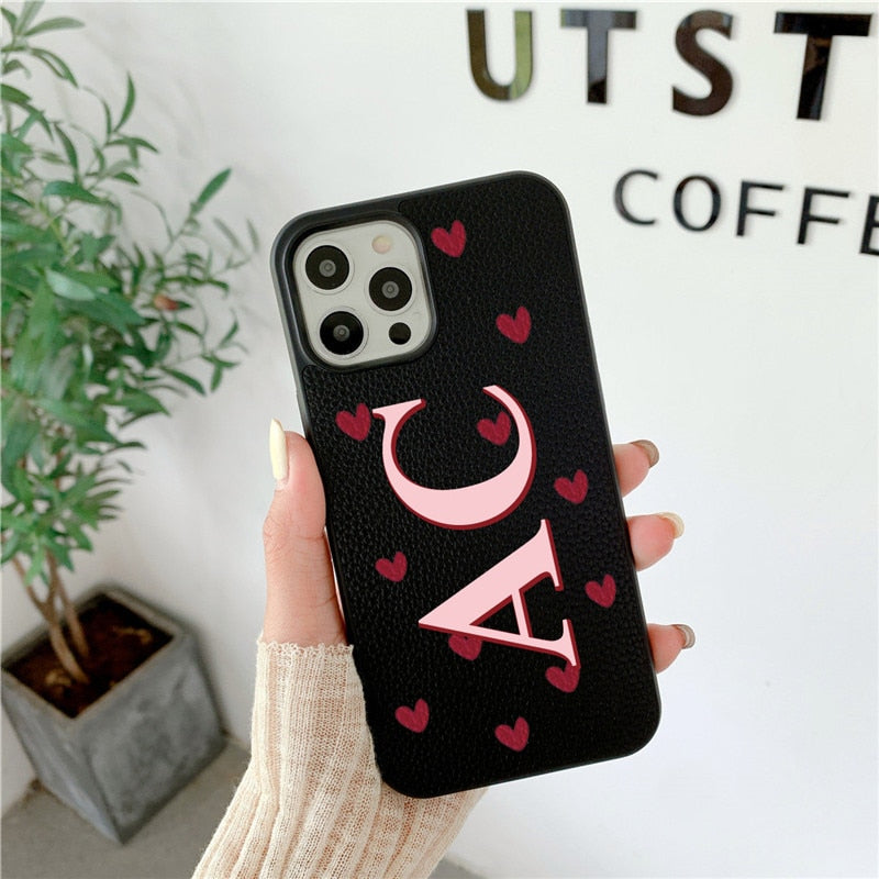 Love Hearts Personalisad Leather Initials PU Leather Iphone case for for iphone 13 Pro Max 12 11 Pro Max X XR 7 8 Plus Cover Hot