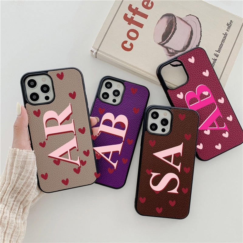 Love Hearts Personalisad Leather Initials PU Leather Iphone case for for iphone 13 Pro Max 12 11 Pro Max X XR 7 8 Plus Cover Hot