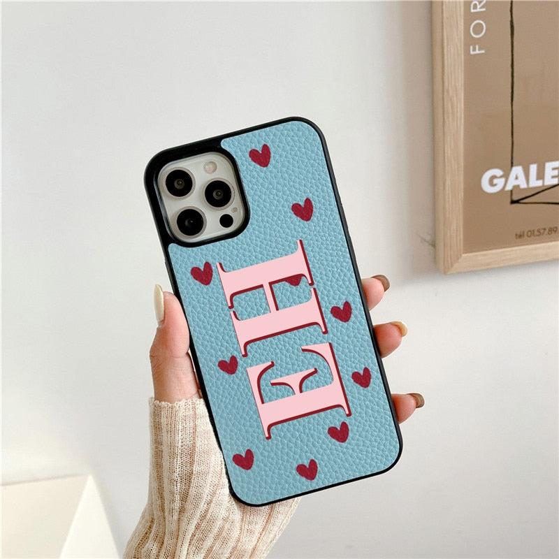 Love Hearts Personalisad Leather Initials PU Leather Iphone case for for iphone 13 Pro Max 12 11 Pro Max X XR 7 8 Plus Cover Hot