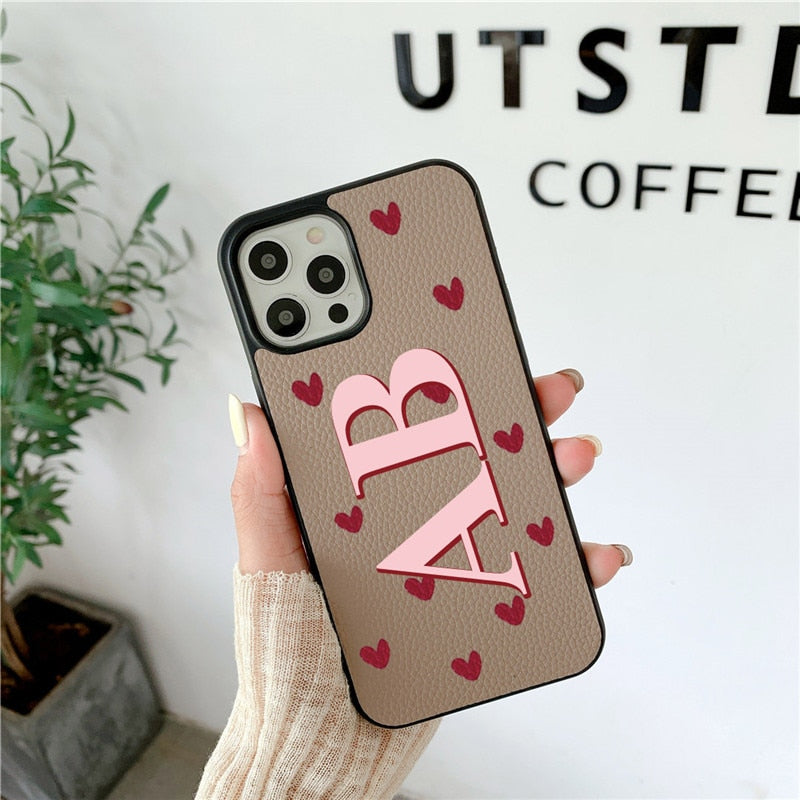 Love Hearts Personalisad Leather Initials PU Leather Iphone case for for iphone 13 Pro Max 12 11 Pro Max X XR 7 8 Plus Cover Hot