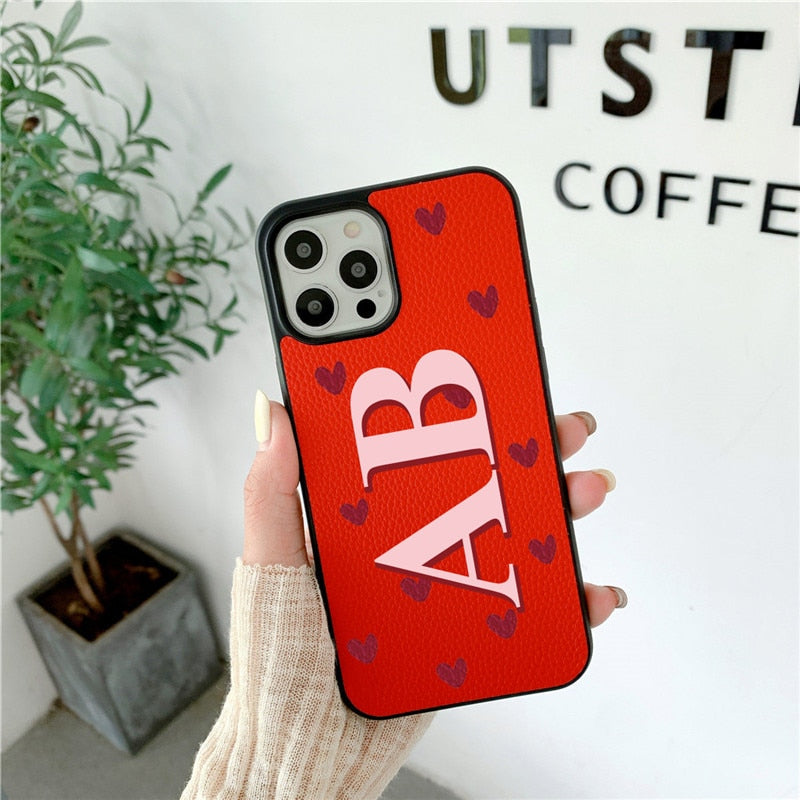 Love Hearts Personalisad Leather Initials PU Leather Iphone case for for iphone 13 Pro Max 12 11 Pro Max X XR 7 8 Plus Cover Hot